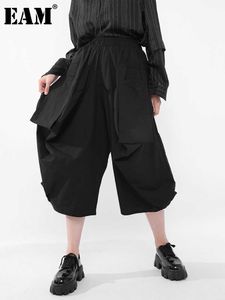 [EAM] taille haute élastique poches sarouel nouveau coupe ample mollet longueur pantalon femmes mode marée printemps été 2021 1DD887301 Q0801