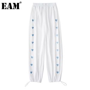 [EAM] taille haute élastique blanc broderie pantalons longs nouveau pantalon coupe ample femmes mode marée printemps été 2021 1DE0168 Q0801