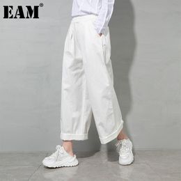 [EAM] Cintura elástica alta Blanco Largo Pierna ancha Pantalones casuales Pantalones sueltos Pantalones Mujer Moda Primavera Otoño 1DD8343 210512