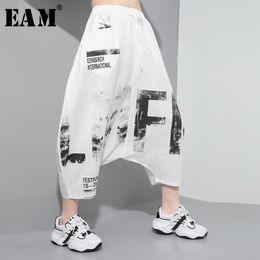 [EAM] taille haute élastique blanc motif imprimé sarouel nouveau pantalon coupe ample femmes mode marée printemps été 1T885 201119