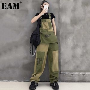 [EAM] taille haute armée vert poche longue salopette pantalon nouveau coupe ample pantalon femmes mode marée printemps automne 2021 1DE1182 Q0801