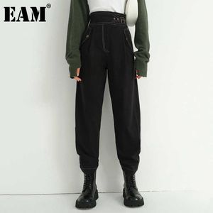 [EAM] taille haute noir bref plissé Long Haarem pantalon nouveau pantalon coupe ample femmes mode marée printemps automne 2021 1DE1483 Q0801