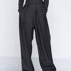 [EAM] taille haute noir bref plissé long pantalon large nouveau pantalon coupe ample femme mode marée printemps automne 1S399 201119