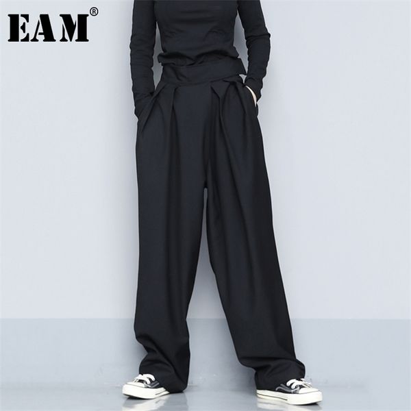 [EAM] taille haute noir bref plissé longue jambe large pantalon coupe ample pantalon femmes mode printemps automne 2022 1S399 211216