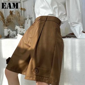 [EAM] taille haute noir bref fendu jambe large genou longueur pantalon nouveau coupe ample pantalon femmes mode printemps automne 2021 1DB413 Q0801