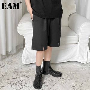 [EAM] taille haute noir casual fente genou longueur pantalon nouveau coupe ample pantalon femmes mode marée printemps été 2021 1DD9469 Q0801