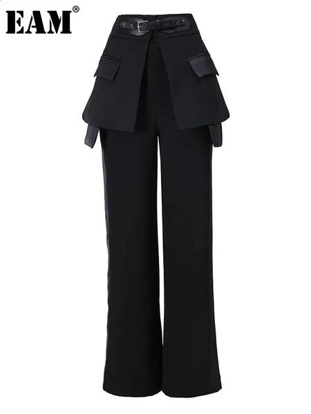 EAM pantalones de pierna ancha largos de cuero Irregular negro de cintura alta pantalones holgados moda mujer Primavera otoño 2024 JQ78101 240123