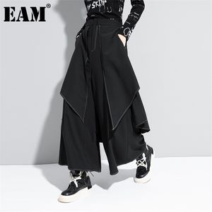 [EAM] taille haute noir lin fendu joint long pantalon large jambe pantalon coupe ample femme mode printemps automne 1DA613 211115