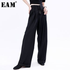 [Eam] taille haute noir plissé bandage long pantalon large nouveau pantalon coupe ample femme mode marée printemps été 1U783 201109