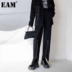 [EAM] cintura alta negro pierna ancha hebillas hendidura pantalones largos pantalones sueltos moda mujer primavera otoño 1DD5948 210512
