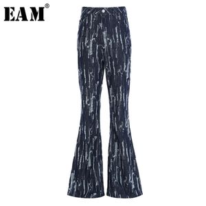 [EAM] taille haute bleu bavure fendu Joint long Denim pantalon nouveau coupe ample pantalon femmes mode marée printemps automne 2021 1Y723 Q0801