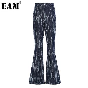 [Eam] Taille haute Blue Burr Split Joint Long Denim Pantalon Loose Fit Pantalon Mode Printemps Automne 1Y723 210915