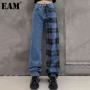[EAM] Hoge Taille Blauw Plaid Lange Wide Been Denim Jeans Losse Vrouwen Broek Mode Lente Herfst 1DD9323 211129