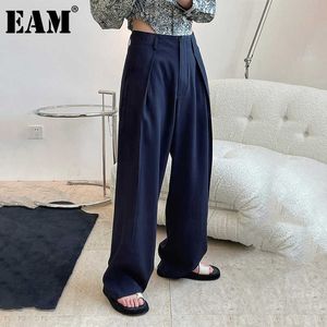 [EAM] taille haute bleu foncé long plissé pantalon décontracté nouveau pantalon coupe ample femmes mode marée printemps automne 2021 1DE0930 Q0801