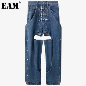 [EAM] Hoge taille holle metalen knoppen denim lange wijde been jeans losse vrouwen broek mode lente herfst 1DD6340 21512