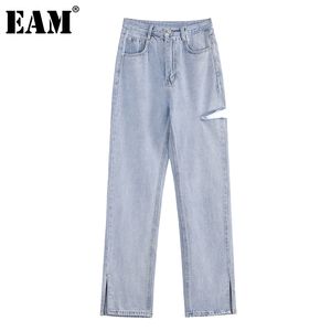 [EAM] taille haute longue bleu Denim fente bavures trou jambe large jean ample femmes pantalon mode printemps automne 1DD7862 21512