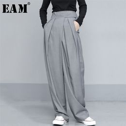 [Eam] cintura alta plissada cinza breve longa perna larga calças soltas ajuste calça moda primavera outono 1t735 211007