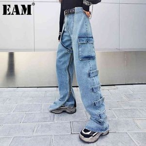 [EAM] taille haute jambe large bleu fente poche épissé ceinture jean ample femmes pantalon mode printemps automne 1DD6373 21512