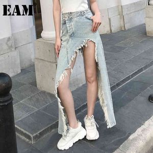 [EAM] Hoge Taille Wide Leg Denim Burrs Hole Asymmetrische Jeans Losse Vrouwen Broek Mode Lente Herfst 1DD6402 21512