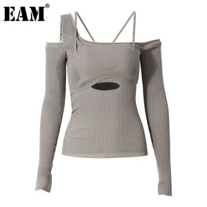 [EAM] évider gris tricot pull coupe ample Slash cou à manches longues femmes pulls mode automne hiver 1DD2267 210914