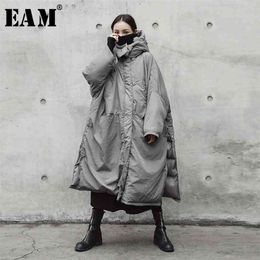 [EAM] con capucha de algodón acolchado gris de gran tamaño abrigo largo cálido manga suelta ajuste mujeres Parkas moda primavera otoño JE02002 210910