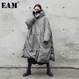[EAM] Abrigo largo y cálido gris de gran tamaño con capucha y acolchado de algodón, Parkas holgadas de manga para mujer, moda primavera otoño JE02002 210923