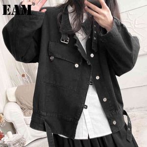[EAM] losse zwarte denim asymmetrische zak jas stand kraag lange mouw vrouwen jas mode lente herfst 1DD5972 21512