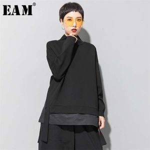 [Eam] Loose Fit asymétrique surdimensionné sweat-shirt col haut manches longues femmes grande taille mode printemps automne 19A-a124 210928