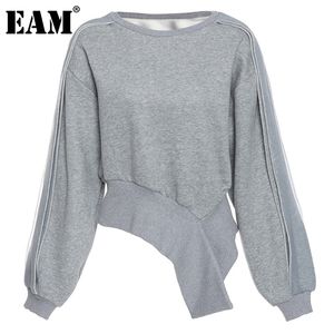 [EAM] Coupe ample Grande taille Ourlet irrégulier Sweat-shirt à fermeture éclair Col rond Manches longues Femmes Mode Printemps Automne 1DD2824 210805