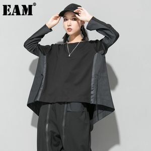 [EAM] Losse pasvorm Zwarte Back Lang Oversized Sweatshirt Ronde hals Lange Mouw Vrouwen Big Size Mode Lente Herfst 1D687 21512