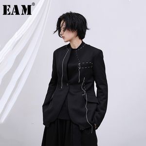 [EAM] coupe ample noir ligne Split Joint veste courte nouveau revers à manches longues femmes manteau mode marée printemps automne 1M749 201017