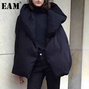 [EAM] Loose Fit Black Loose Big Size Down Jacket New Hooded Long Sleeve Warm Women Parkas Fashion Tide Spring Autumn LE8700 201109