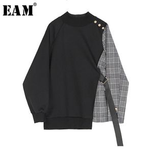 EAM Loose Fit Noir Plaid Asymétrique Sweat Col Rond À Manches Longues Femmes Grande Taille Mode Printemps 1S382 201208