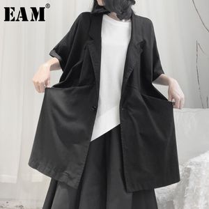 EAM coupe ample noir fendu grande taille veste longue revers demi-manches femmes manteau mode printemps automne 19Aa665 201029