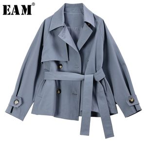 EAM coupe ample Double boutonnage Bandage grande taille bleu veste revers à manches longues femmes manteau mode printemps 1S258 201023