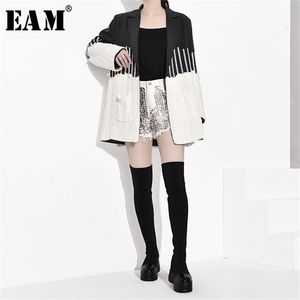 [EAM] losse fit grijze cotrast kleur splitsen breien jas revers lange mouw vrouwen jas mode lente herfst jz2481 211112