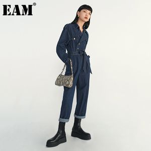 [EAM] coupe ample femmes bleu foncé ceinture Denim combinaison taille haute poche point pantalon mode printemps automne 1DD5864 21512