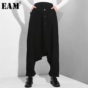 [EAM] Nouveau Printemps Automne Taille Haute Élastique Noir Bouton Split Joint Mince Lâche Cross-pantalon Femmes Pantalon De Mode Marée YG25 201031