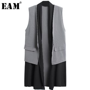 EAM Spring Summer Cardigan Mouwloze gesplitste zakken Plaid Kort temperament Lang Vest Women Fashion JX797 201031