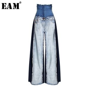 [Eam] Nouveau printemps été taille haute lâche hit couleur denim poche bleu longue jambe large jean femme pantalon mode marée JR841 201223