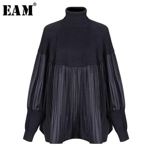 [EAM] Pelated Split gran tamaño tejido suéter suelto ajuste cuello alto manga larga mujer pulóveres moda primavera 1M877 210917