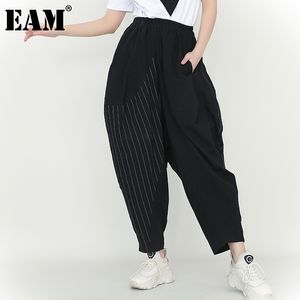 [EAM] printemps automne taille haute élastique noir rayé grande poche jambe large pantalon ample femmes pantalon mode JT13801 21512