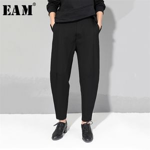 [EAM] printemps automne taille haute élastique noir lâche Patchwork Split Joint bref pantalon pantalon mode JQ013 211112