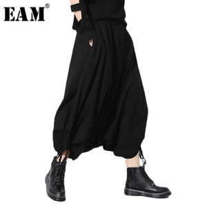 [EAM] Printemps Automne Nouvelle Mode Noir Solide Poches Taille Élastique Casual Lâche Grande Taille Femmes Long Cross Pantalon RA231 201106