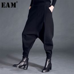 [EAM] lente mode zwart hoge taille elastische zakken patchwork casual vrouw volledige lengte harembroek SA155 211112