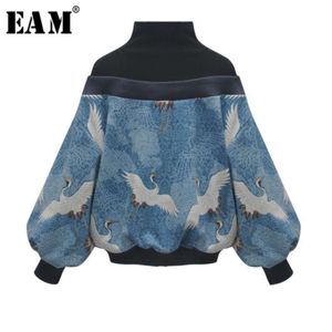 [EAM] Spring High Collar Lange Mouwen Patroon Gedrukt Losse Big Size Personality Sweatshirt Damesmode TIDE JL948 210928