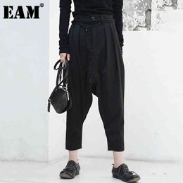[EAM] Lente Hoge Taille Zwart Fold Split Joint Losse Korte Persoonlijkheid Cross-Pants Dames Broeken Mode JG915 21512