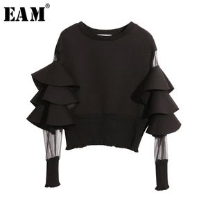 [Eam] Printemps Col rond Manches longues Couleur unie Gaze Split Joint Loose Sweat-shirt Femme Mode JC509 210910