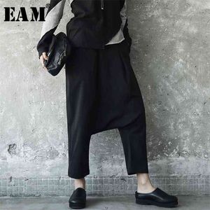 [EAM] Primavera tinta unita alta vita elastica nera Losoe maglia divisa pantaloni incrociati pantaloni moda JE8 210915