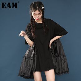 [EAM] Lente Zomer Ronde Hals Half Mouw Geplooid Split Joint Losse Oversize Big Size Dress Damesmode JS79101 210512